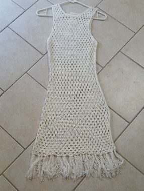 Miken Swim Sz S Cream Crochet Fringe Maxi Dress/Cover Up NWT